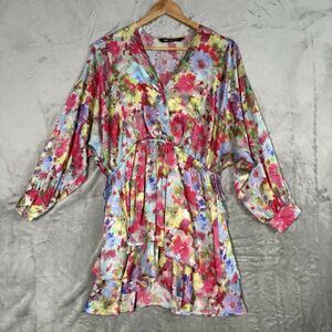 Zara Floral Satin Tiered Mini Dress XS Multicolor Boho Ruffle Wrap V-Neck